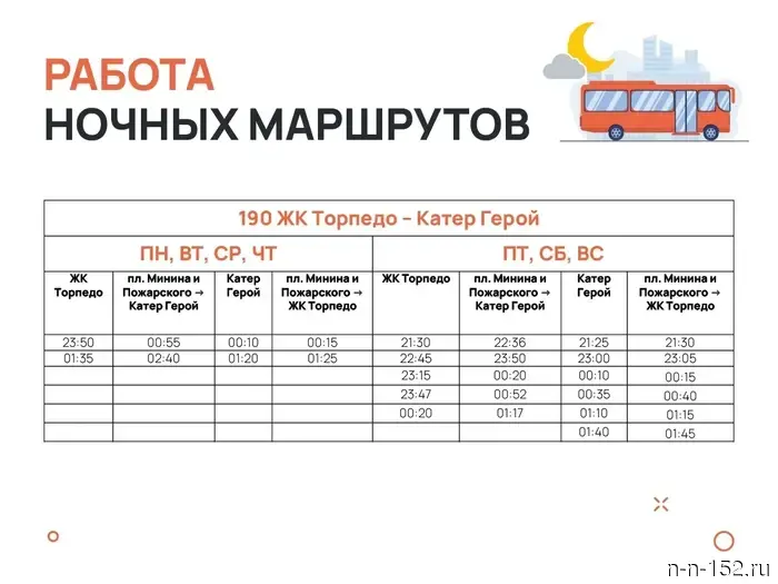 Опубликовано расписание летних ночных автобусных маршрутов в Нижнем Новгороде.