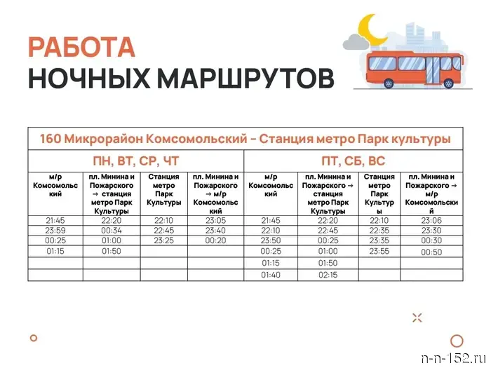 Опубликовано расписание летних ночных автобусных маршрутов в Нижнем Новгороде.