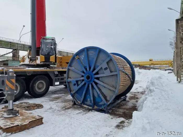 The steel cable was brought for the cable car across the Oka River in Nizhny Novgorod.
